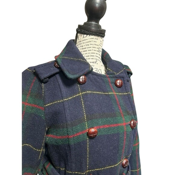 American Eagle AE Pea Coat Womens Small Navy Blue Plaid Button Jacket Wool Blend - Picture 2 of 9